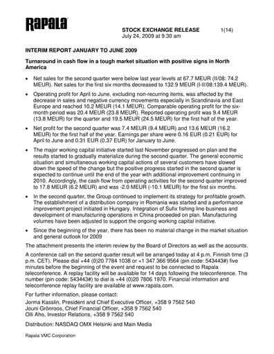 Thumbnail Rapala VMC Corporation Half-year Report 2009-h1