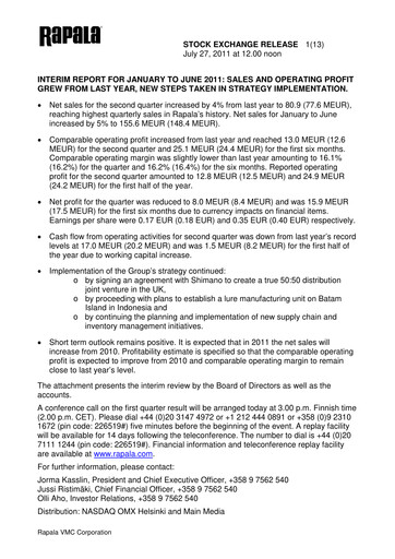 Thumbnail Rapala VMC Corporation Half-year Report 2011-h1