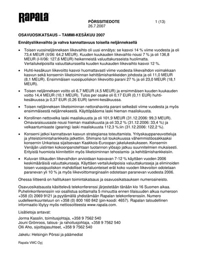 Thumbnail Rapala VMC Corporation Half-year Report 2007-h1