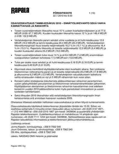 Thumbnail Rapala VMC Corporation Half-year Report 2010-h1