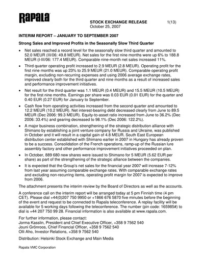 Thumbnail Rapala VMC Corporation Quarterly Report 2007-q3