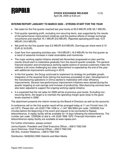 Thumbnail Rapala VMC Corporation Quarterly Report 2009-q1