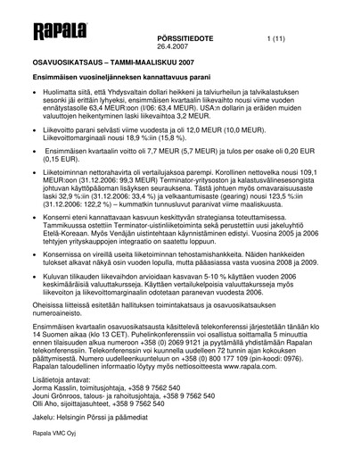 Thumbnail Rapala VMC Corporation Quarterly Report 2007-q1