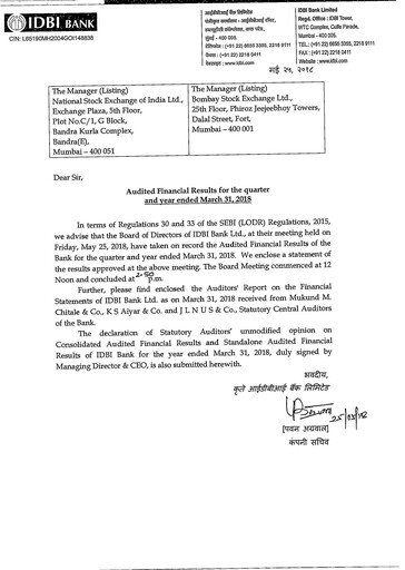 Thumbnail IDBI Bank
 Quarterly Report 2017-2018-q4