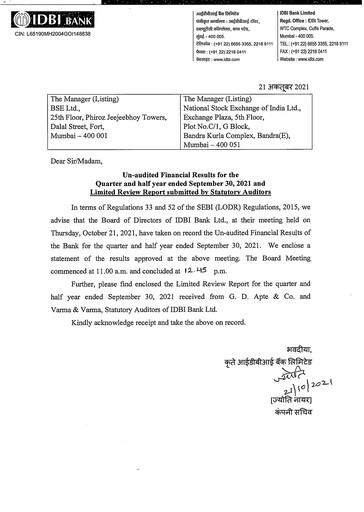 Thumbnail IDBI Bank
 Quarterly Report 2021-2022-q2