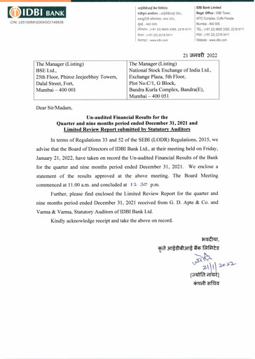 Thumbnail IDBI Bank
 Quarterly Report 2021-2022-q3