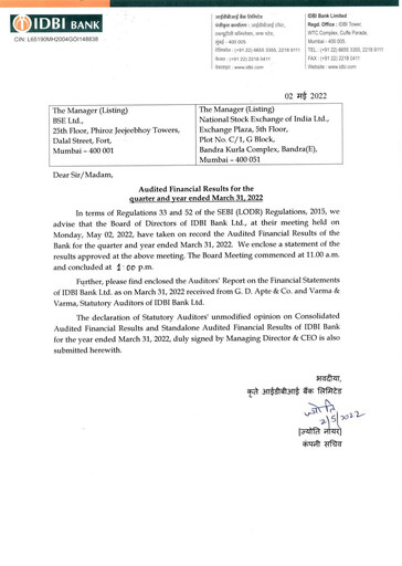 Thumbnail IDBI Bank
 Quarterly Report 2021-2022-q4