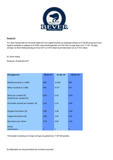 Thumbnail Bever Holding Half-year Report 2017-h1
