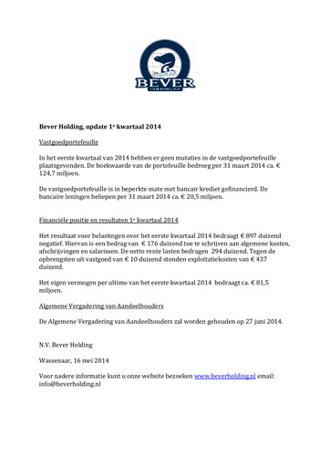 Thumbnail Bever Holding Quarterly Report 2014-q1