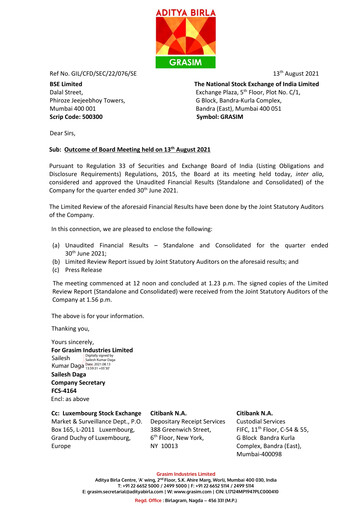 Thumbnail Grasim Industries
 Quarterly Report 2021-q1