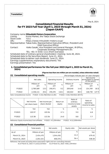 Thumbnail Mitsubishi Motors Financial Statement fy2023