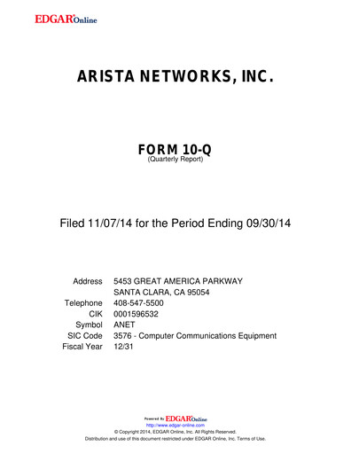 Thumbnail Arista Networks Quarterly Report 2014-q3