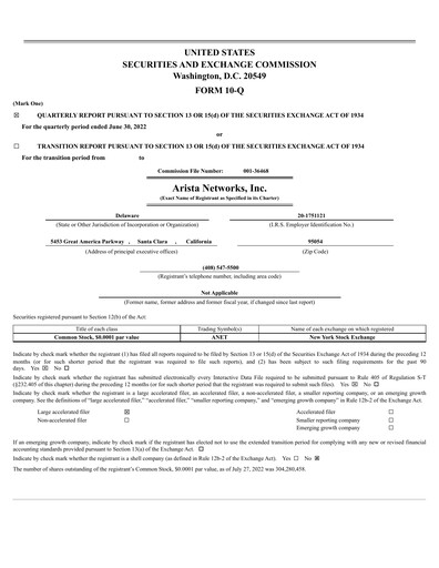 Thumbnail Arista Networks Quarterly Report 2022-q2