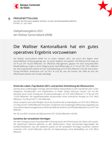 Miniature Walliser Kantonalbank Rapport semestriel 2021-h1