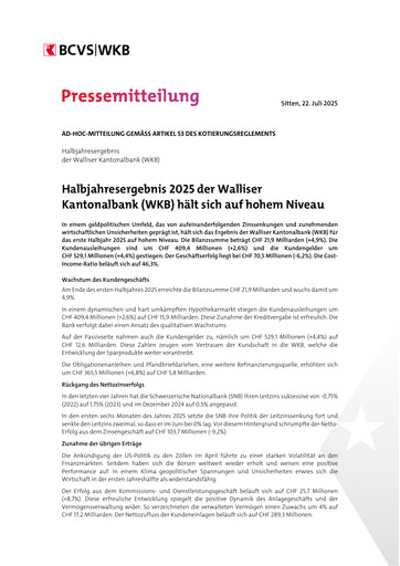 Miniature Walliser Kantonalbank Rapport semestriel 2025-h1