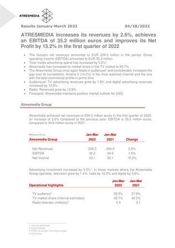 Vorschaubild Atresmedia Corporación de Medios de Comunicación, S.A. Quartalsbericht 2022-q1