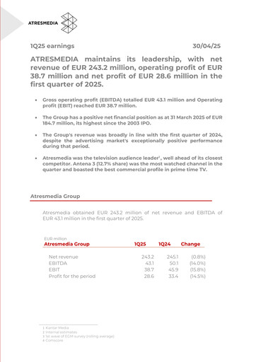 Vorschaubild Atresmedia Corporación de Medios de Comunicación, S.A. Quartalsbericht 2025-q1