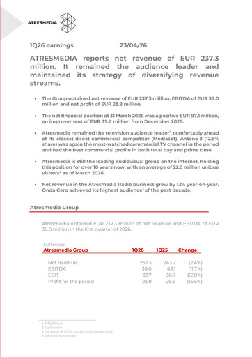 Vorschaubild Atresmedia Corporación de Medios de Comunicación, S.A. Quartalsbericht 2026-q1