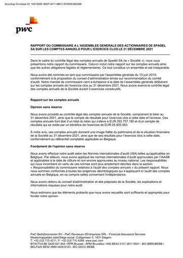 Miniature Spadel Bilan financier 2021