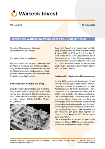 Thumbnail Warteck Invest Half-year Report 2000-h1