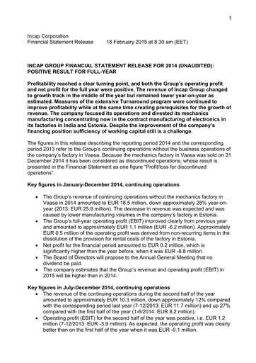 Thumbnail Incap Oyj Financial Statement 2014