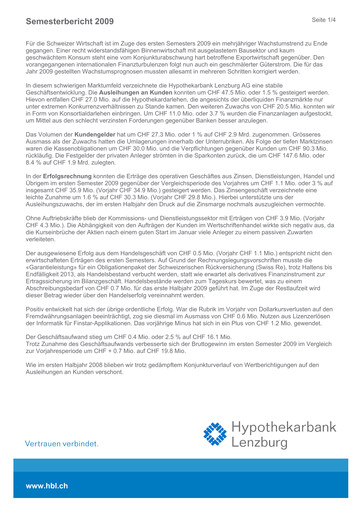 Miniature Hypothekarbank Lenzburg Rapport semestriel 2009-h1