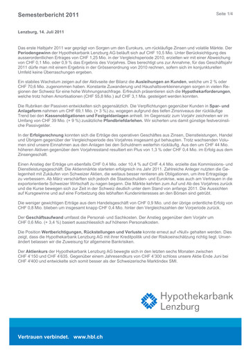 Miniature Hypothekarbank Lenzburg Rapport semestriel 2011-h1