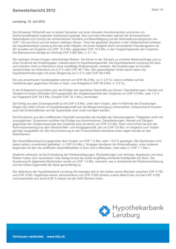 Miniature Hypothekarbank Lenzburg Rapport semestriel 2012-h1