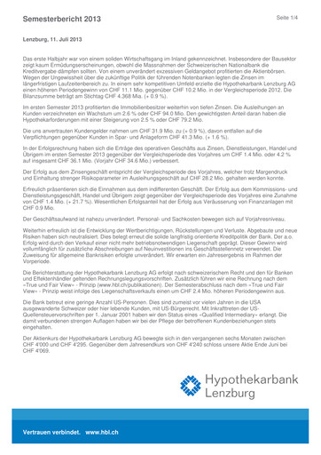 Miniature Hypothekarbank Lenzburg Rapport semestriel 2013-h1