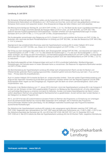 Miniature Hypothekarbank Lenzburg Rapport semestriel 2014-h1