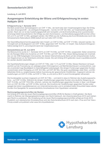 Miniature Hypothekarbank Lenzburg Rapport semestriel 2015-h1