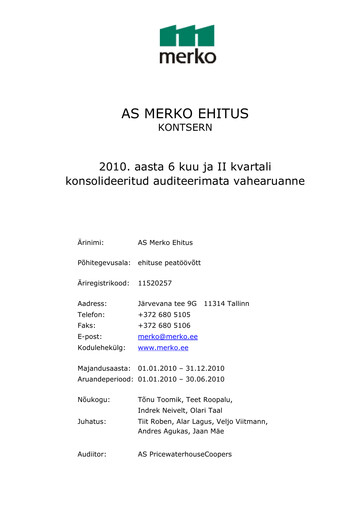 Thumbnail AS Merko Ehitus Half-year Report 2010-h1