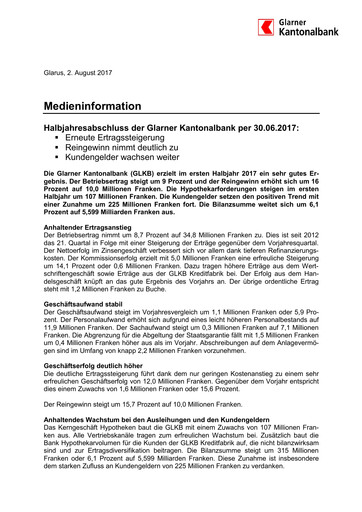 Thumbnail Glarner Kantonalbank Half-year Report 2017-h1