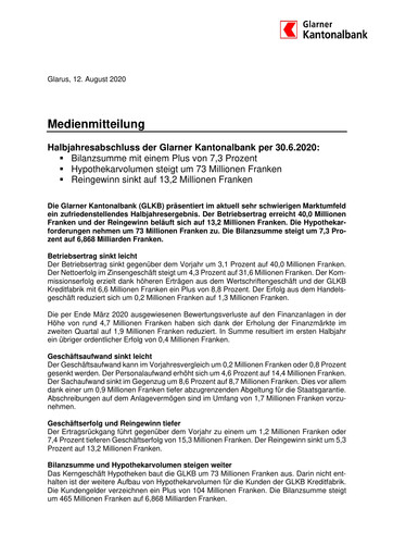 Thumbnail Glarner Kantonalbank Half-year Report 2020-h1