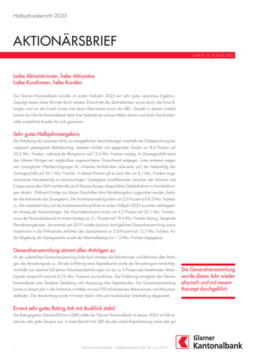 Thumbnail Glarner Kantonalbank Half-year Report 2023-h1