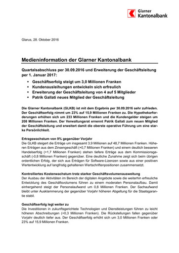 Vorschaubild Glarner Kantonalbank Quartalsbericht 2016-q3