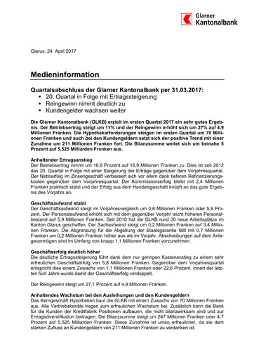 Vorschaubild Glarner Kantonalbank Quartalsbericht 2017-q1