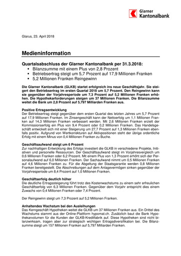 Vorschaubild Glarner Kantonalbank Quartalsbericht 2018-q1