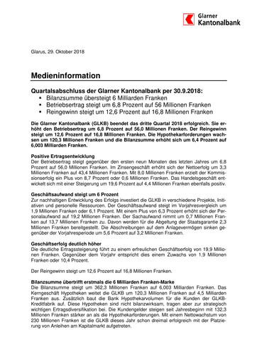 Vorschaubild Glarner Kantonalbank Quartalsbericht 2018-q3