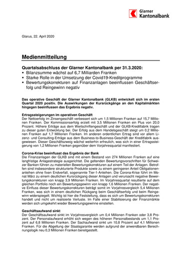 Vorschaubild Glarner Kantonalbank Quartalsbericht 2020-q1