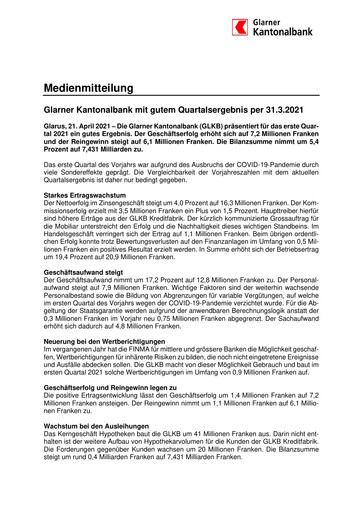 Vorschaubild Glarner Kantonalbank Quartalsbericht 2021-q1