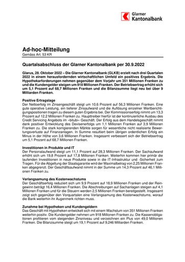 Vorschaubild Glarner Kantonalbank Quartalsbericht 2022-q3