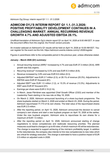 Thumbnail Admicom Oyj Quarterly Report 2026-q1