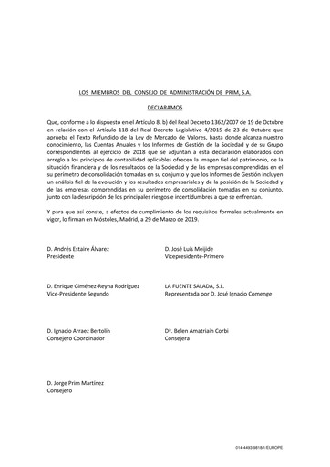 Thumbnail Prim, S.A. Financial Report 2018