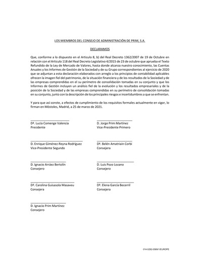 Thumbnail Prim, S.A. Financial Report 2020