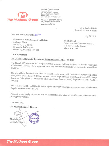 Vorschaubild Muthoot Finance
 Quartalsbericht 2016-q1