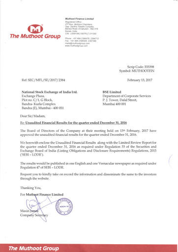 Vorschaubild Muthoot Finance
 Quartalsbericht 2016-q3