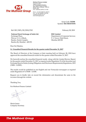 Vorschaubild Muthoot Finance
 Quartalsbericht 2017-q3