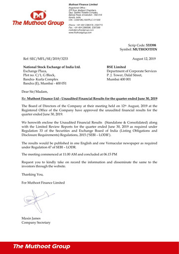 Vorschaubild Muthoot Finance
 Quartalsbericht 2019-q1