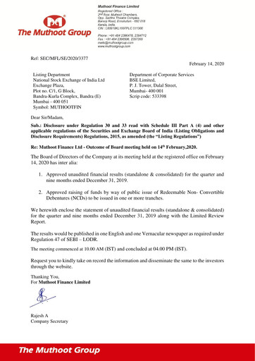 Vorschaubild Muthoot Finance
 Quartalsbericht 2019-q3